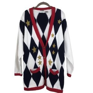 Vintage American Nautical Sweater Red, White, &Blue, Gold Stars, Argyle Cardigan